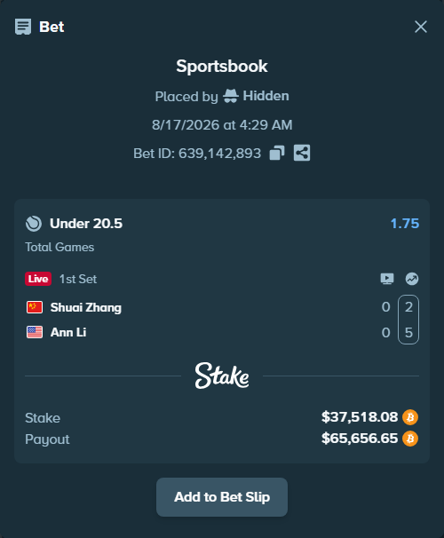 Bet slip: Shuai Zhang - Ann Li, $37,495.20 stake at 1.75 odds, placed by Hidden