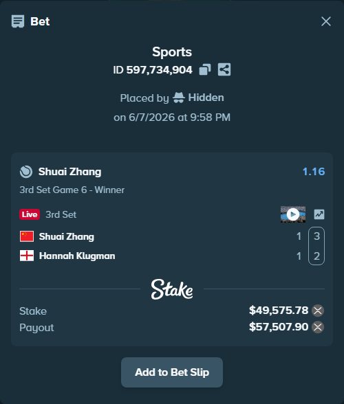 Bet slip: Shuai Zhang - Hannah Klugman, $50,700.90 stake at 1.16 odds, placed by Hidden