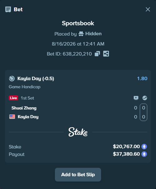 Bet slip: Shuai Zhang - Kayla Day, $20,779.02 stake at 1.80 odds, placed by Hidden