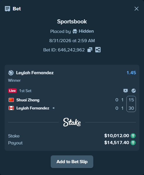 Bet slip: Shuai Zhang - Leylah Fernandez, $10,012.00 stake at 1.45 odds, placed by Hidden