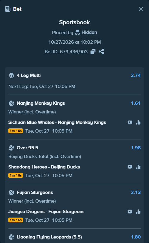 Bet slip: Sichuan Blue Whales - Nanjing Monkey Kings, $14,335.45 stake at 1.61 odds, placed by SyztmzTV