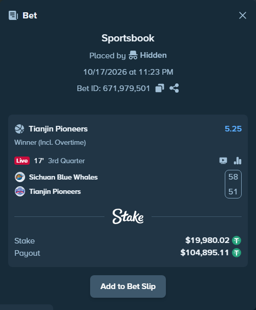 Bet slip: Sichuan Blue Whales - Tianjin Pioneers, $20,000.00 stake at 5.25 odds, placed by Hidden