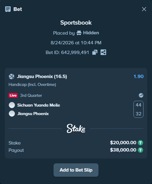 Bet slip: Sichuan Yuanda Meile - Jiangsu Phoenix, $20,000.00 stake at 1.90 odds, placed by Hidden
