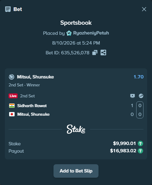 Bet slip: Sidharth Rawat - Mitsui, Shunsuke, $10,000.00 stake at 1.70 odds, placed by RyazheniyPetuh