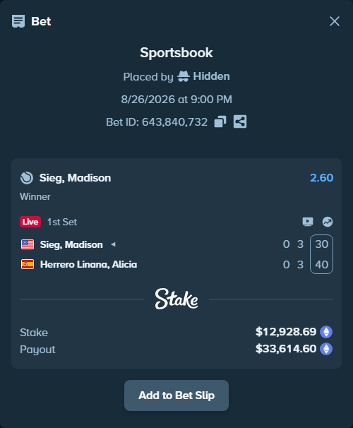 Bet slip: Sieg, Madison - Alicia Herrero Linana, $12,945.73 stake at 2.60 odds, placed by Hidden