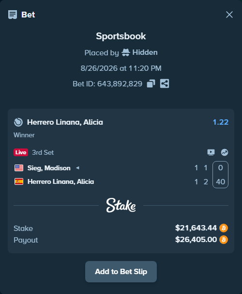 Bet slip: Sieg, Madison - Alicia Herrero Linana, $21,505.94 stake at 1.22 odds, placed by Hidden