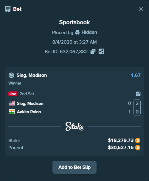 Bet slip: Sieg, Madison - Ankita Raina, $18,413.43 stake at 1.67 odds, placed by Hidden