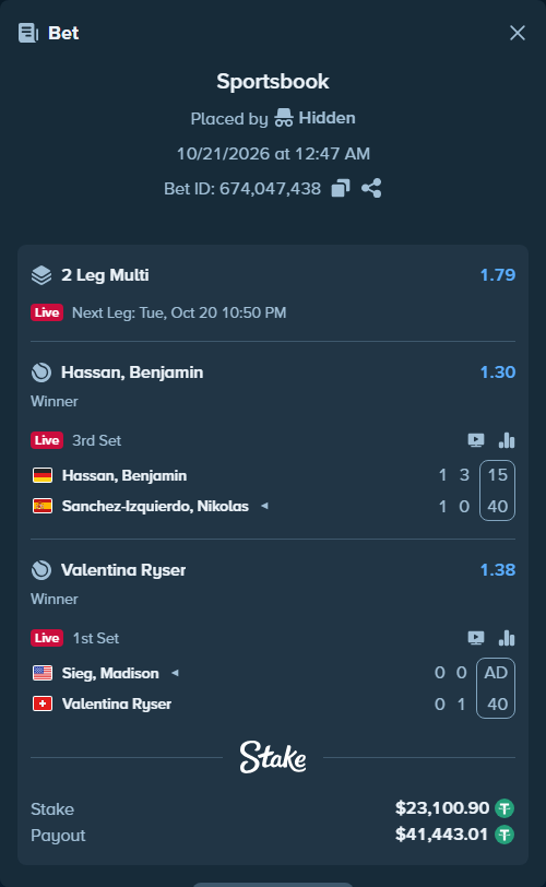 Bet slip: Sieg, Madison - Valentina Ryser, $23,124.00 stake at 1.38 odds, placed by Hidden