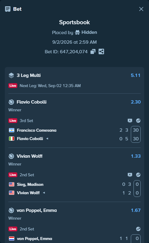 Bet slip: Sieg, Madison - Vivian Wolff, $10,000.00 stake at 1.33 odds, placed by Hidden