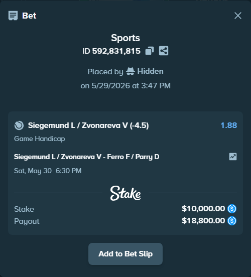 Bet slip: Siegemund L / Zvonareva V - Ferro F / Parry D, $10,000.00 stake at 1.88 odds, placed by Hidden