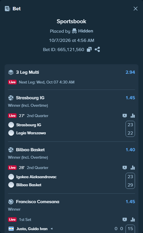 Bet slip: SIG Strasbourg - Legia Warszawa, $10,536.00 stake at 1.45 odds, placed by Hidden