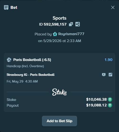 Bet slip: SIG Strasbourg - Paris Basketball, $10,066.47 stake at 1.90 odds, placed by Royrismani777