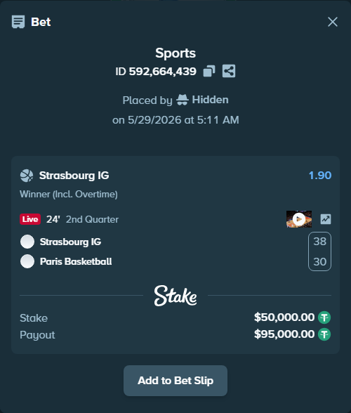 Bet slip: SIG Strasbourg - Paris Basketball, $50,050.00 stake at 1.90 odds, placed by Hidden
