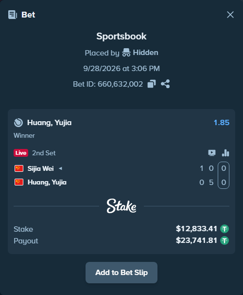 Bet slip: Sijia Wei - Huang Yujia, $12,830.85 stake at 1.85 odds, placed by Hidden