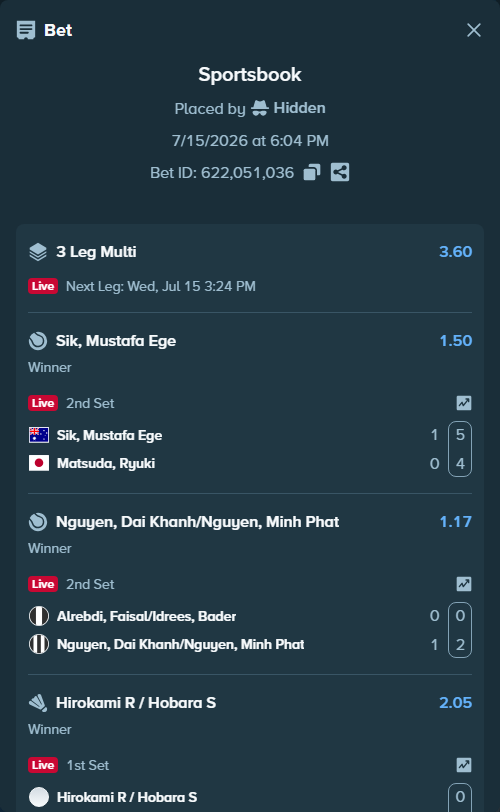 Bet slip: Sik, Mustafa Ege - Matsuda, Ryuki, $20,000.00 stake at 1.50 odds, placed by Hidden