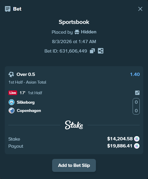 Bet slip: Silkeborg - Copenhagen, $14,162.42 stake at 1.40 odds, placed by Hidden