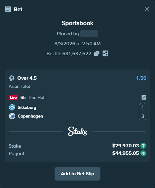 Bet slip: Silkeborg - Copenhagen, $30,000.00 stake at 1.50 odds, placed by tlwns4736