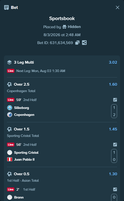 Bet slip: Silkeborg - Copenhagen, $51,603.71 stake at 1.60 odds, placed by Hidden