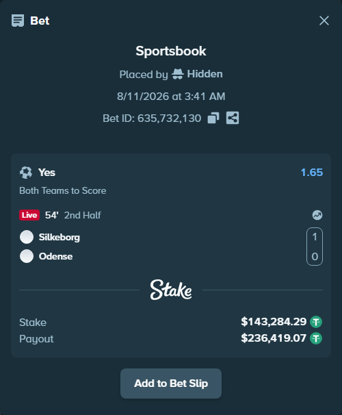 Bet slip: Silkeborg - Odense, $143,427.57 stake at 1.65 odds, placed by Hidden