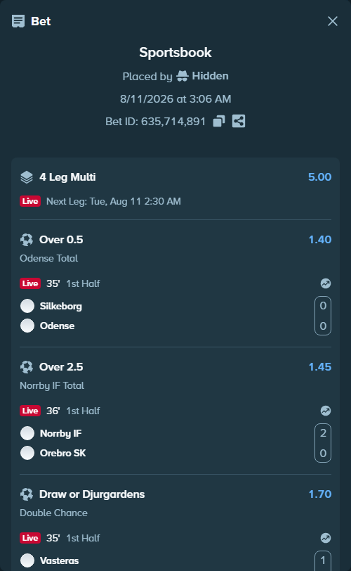 Bet slip: Silkeborg - Odense, $22,720.15 stake at 1.40 odds, placed by Hidden