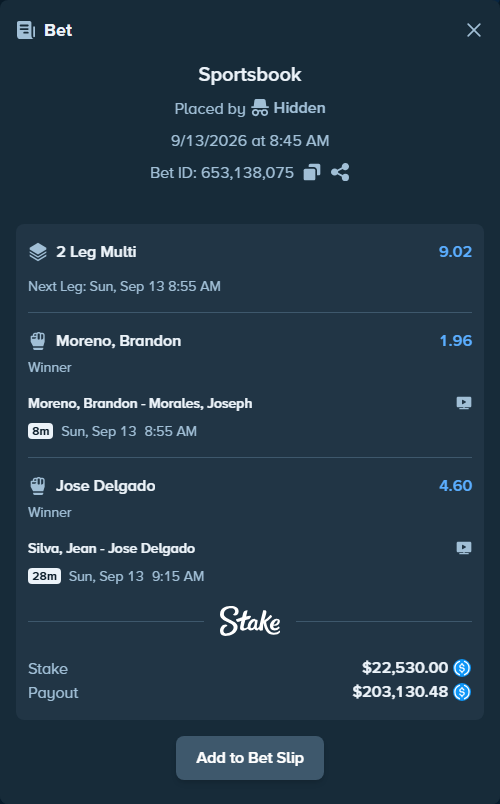 Bet slip: Silva, Jean - Jose Delgado, $22,530.00 stake at 4.60 odds, placed by Hidden