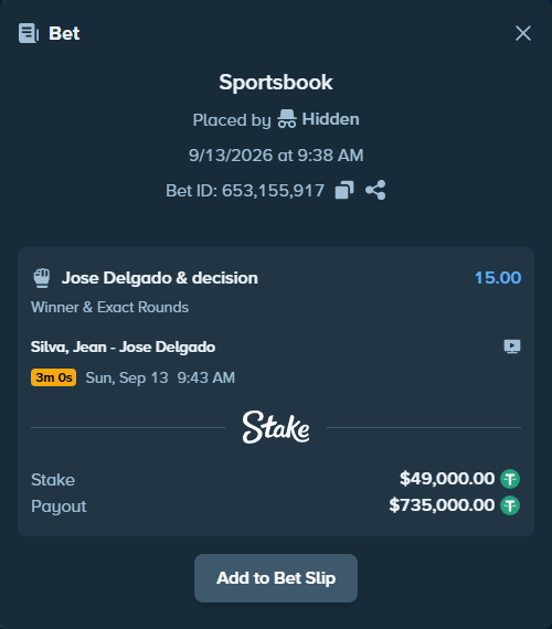 Bet slip: Silva, Jean - Jose Delgado, $49,000.00 stake at 15.00 odds, placed by Hidden
