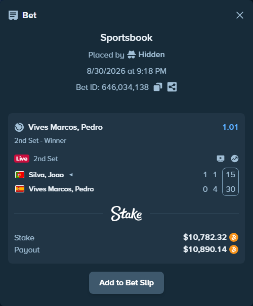 Bet slip: Silva, Joao - Vives Marcos, Pedro, $10,855.19 stake at 1.01 odds, placed by Hidden