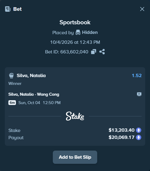 Bet slip: Silva, Natalia - Wang Cong, $13,192.07 stake at 1.52 odds, placed by gemcabal