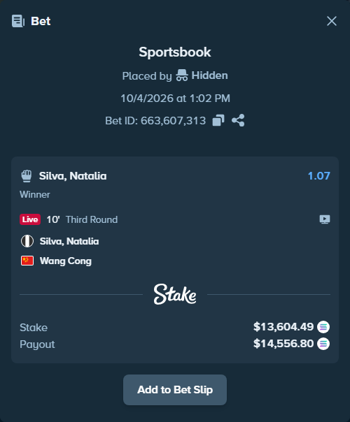 Bet slip: Silva, Natalia - Wang Cong, $13,675.83 stake at 1.07 odds, placed by Hidden