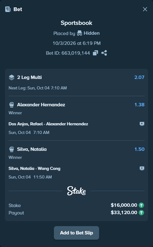 Bet slip: Silva, Natalia - Wang Cong, $16,000.00 stake at 1.50 odds, placed by Hidden