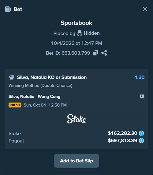 Bet slip: Silva, Natalia - Wang Cong, $162,282.30 stake at 4.30 odds, placed by Hidden