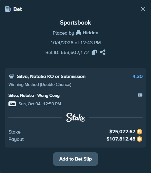 Bet slip: Silva, Natalia - Wang Cong, $25,072.67 stake at 4.30 odds, placed by Hidden