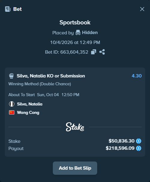 Bet slip: Silva, Natalia - Wang Cong, $50,836.30 stake at 4.30 odds, placed by Hidden