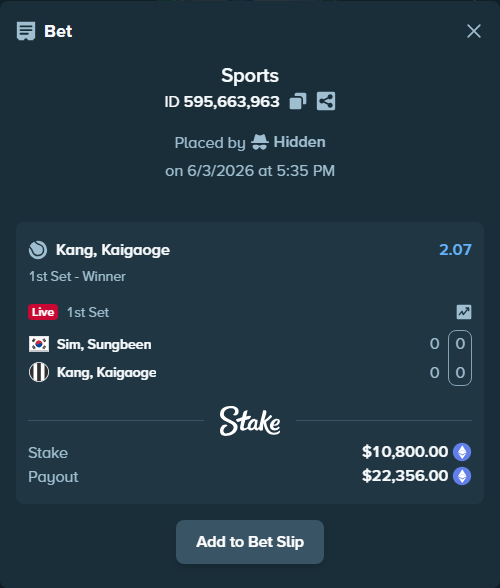 Bet slip: Sim, Sungbeen - Kang, Kaigaoge, $9,979.69 stake at 2.07 odds, placed by Hidden