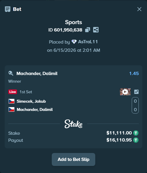 Bet slip: Simecek, Jakub - Machander, Dalimil, $11,122.11 stake at 1.45 odds, placed by AsTraL11