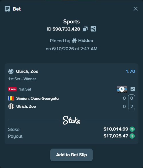 Bet slip: Simion, Oana Georgeta - Ulrich, Zoe, $10,025.00 stake at 1.70 odds, placed by Hidden
