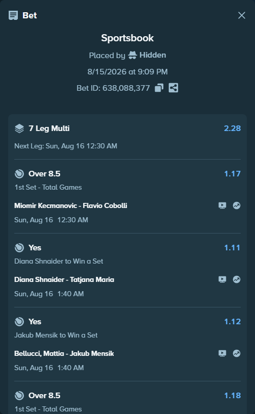 Bet slip: Simona Waltert - Jessica Pegula, $125,000.00 stake at 1.05 odds, placed by Hidden