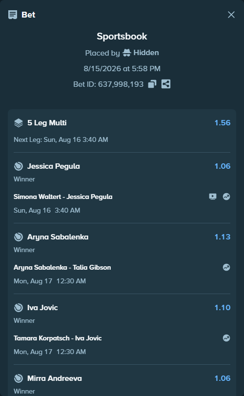 Bet slip: Simona Waltert - Jessica Pegula, $19,914.63 stake at 1.06 odds, placed by Hidden