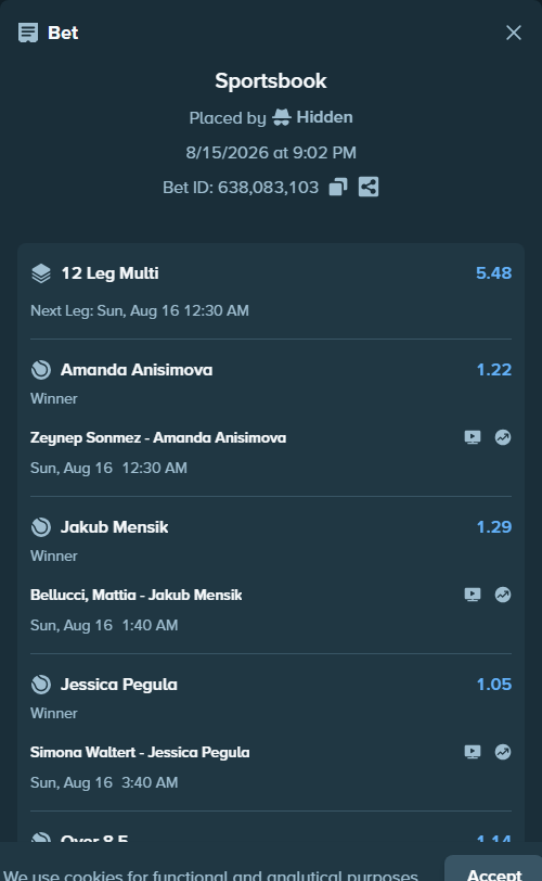 Bet slip: Simona Waltert - Jessica Pegula, $75,000.00 stake at 1.05 odds, placed by EaurigaT
