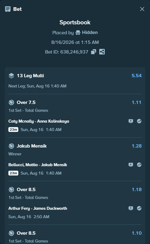 Bet slip: Simona Waltert - Jessica Pegula, $75,075.00 stake at 1.07 odds, placed by Hidden