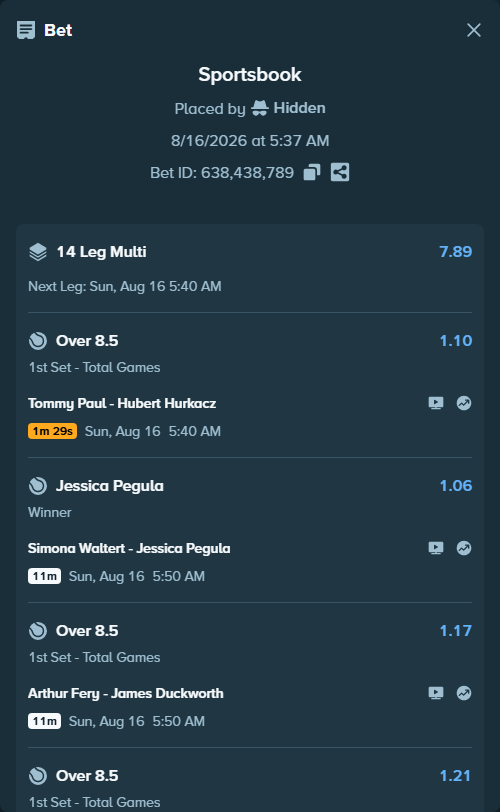 Bet slip: Simona Waltert - Jessica Pegula, $75,075.00 stake at 1.06 odds, placed by Hidden