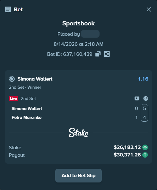 Bet slip: Simona Waltert - Petra Marcinko, $26,208.31 stake at 1.16 odds, placed by zz523