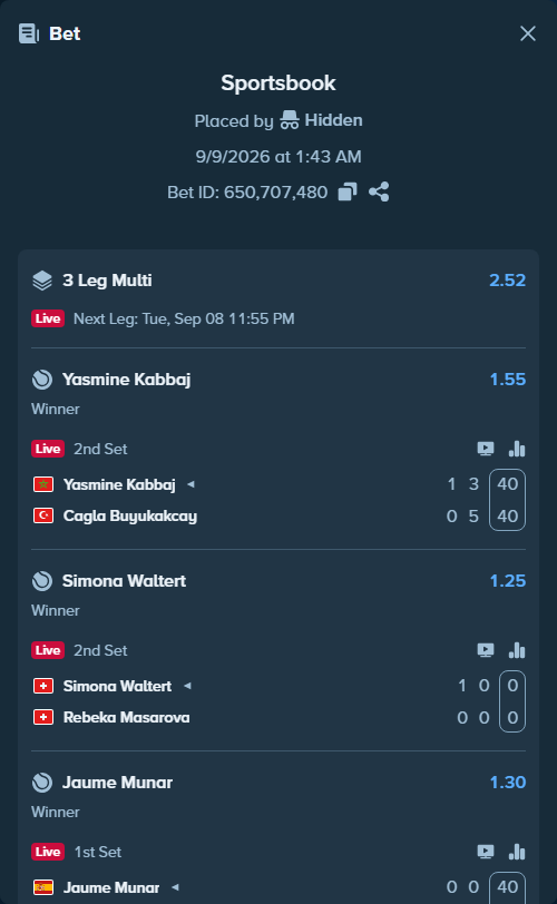 Bet slip: Simona Waltert - Rebeka Masarova, $22,999.00 stake at 1.25 odds, placed by Hidden