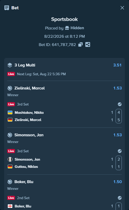 Bet slip: Simonsson, Jan - Guttau, Niklas, $10,000.00 stake at 1.53 odds, placed by Hidden