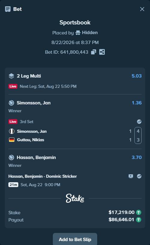 Bet slip: Simonsson, Jan - Guttau, Niklas, $17,219.00 stake at 1.36 odds, placed by Hidden