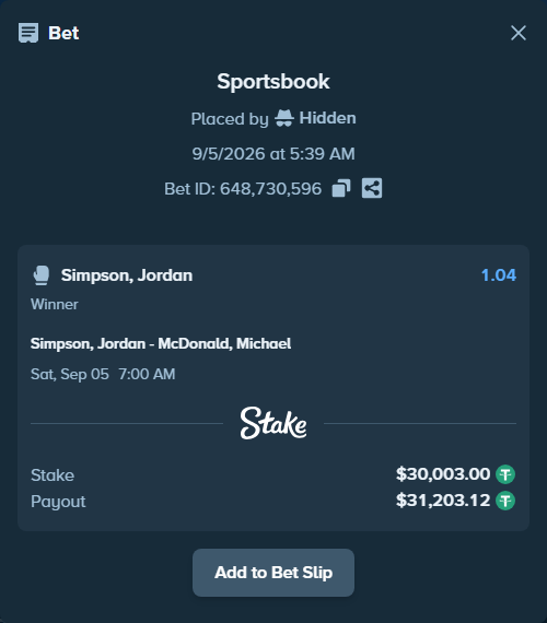 Bet slip: Simpson, Jordan - McDonald, Michael, $30,000.00 stake at 1.04 odds, placed by Hidden