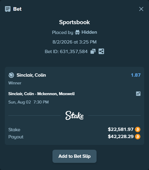 Bet slip: Sinclair, Colin - McKennon, Maxwell, $22,921.44 stake at 1.87 odds, placed by Hidden