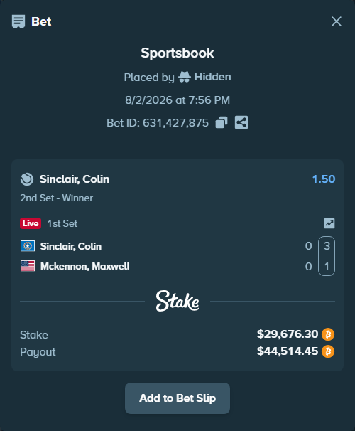 Bet slip: Sinclair, Colin - McKennon, Maxwell, $30,217.86 stake at 1.50 odds, placed by Hidden