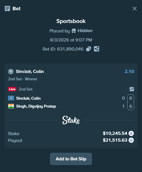 Bet slip: Sinclair, Colin - Singh, Digvijay Pratap, $10,274.70 stake at 2.10 odds, placed by Hidden