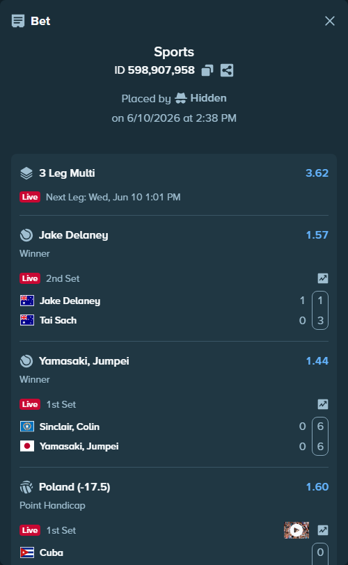 Bet slip: Sinclair, Colin - Yamasaki, Jumpei, $10,000.00 stake at 1.44 odds, placed by Hidden
